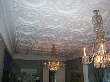 Large coffered (fibrous plaster) ceiling installed in the 1960s at the Prime Minister's residence, 24 Sussex Drive, Ottawa, Ontario.
