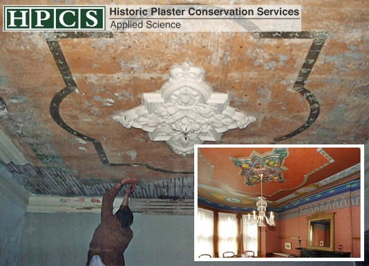 Ornate plaster ceiling before and after consolidation and conservation treatment