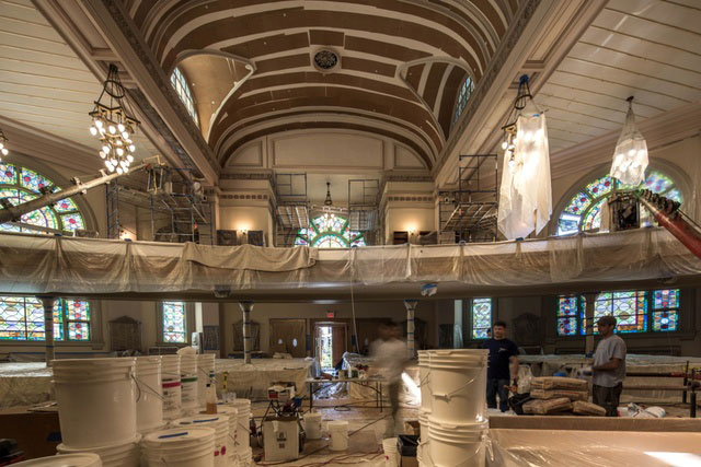 Beth Elohim interior being prepared for plaster treatment and repair