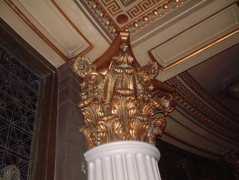 Large cast plaster figures populate Gould Memorial Library