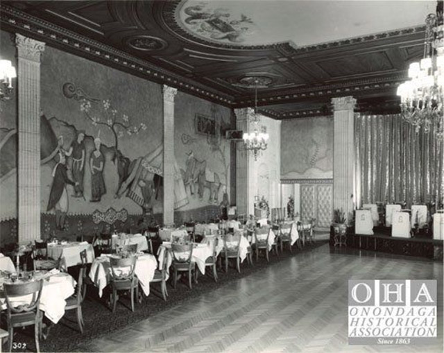 The Hotel Syracuse's Persian Terrace room, circa 1940, showing mural on the walls. A small stage is on the right. Onondada Historical Association)