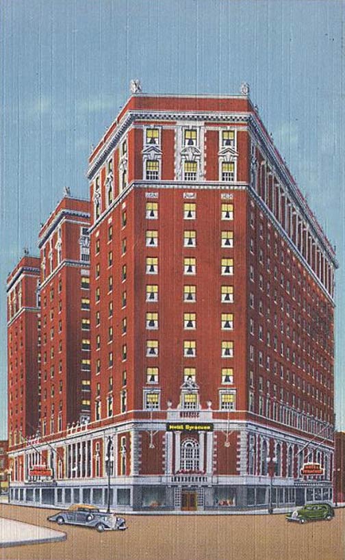 A postcard showing the Hotel Syracuse. It reads: Six hundred modern rooms each with bath, four fine restaurants. Diner dancing in Persian Terrace.
