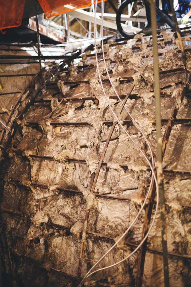 The Kings Theater: Prior to treatment, fibrous plaster with many desiccated jute connections.