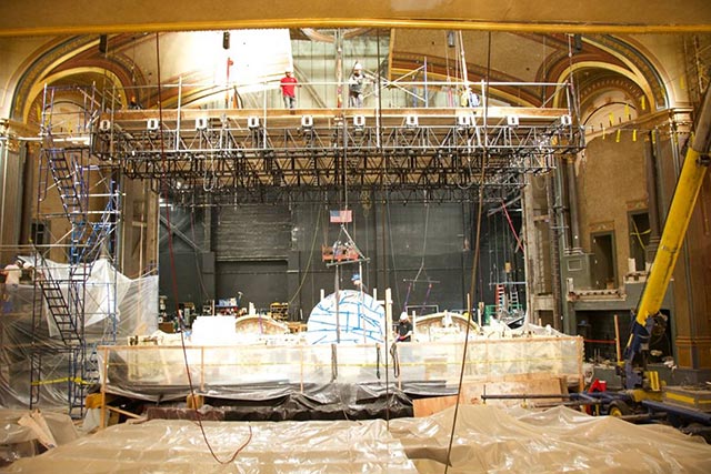 The Lyric Theatre interior during the process of putting the original theatre back together