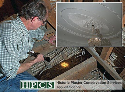 Examining the wood lath and plaster ceiling in the Royal Suite