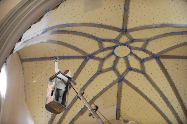 RE Aramid Gel being applied to the plain-face plaster ceiling