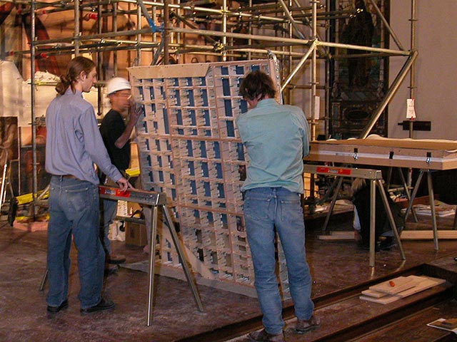 Fresco panel successfully removed from wall and being prepared for shipping