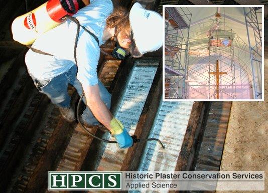Applying HPCS consolident to the lath and plaster at Keene United Church in Keene, Ontario