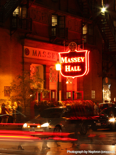 Massey Hall entrance at night (photo by Nephron)